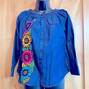 Hip soft denim embroidered blouse